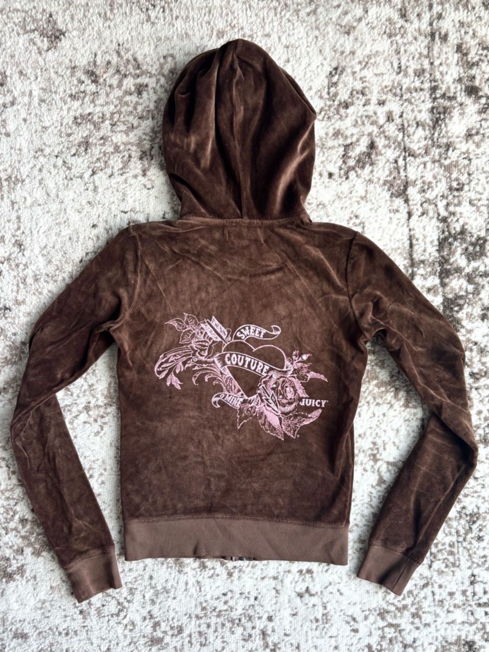 Vintage Juicy Couture Y2K Brown Velour Zip Hoodie with Pink Back Graphic